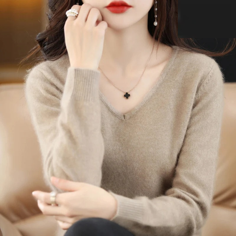 Pullover Damen V-ausschnitt Leichter und Weicher Strickpullover