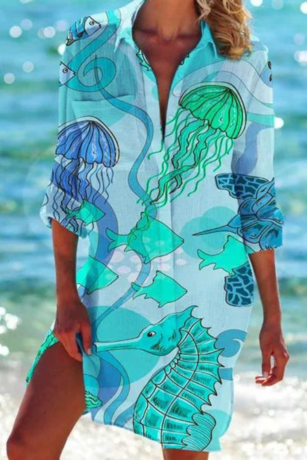 ShopNory - Lange Strandbluse mit Meeresmotiv
