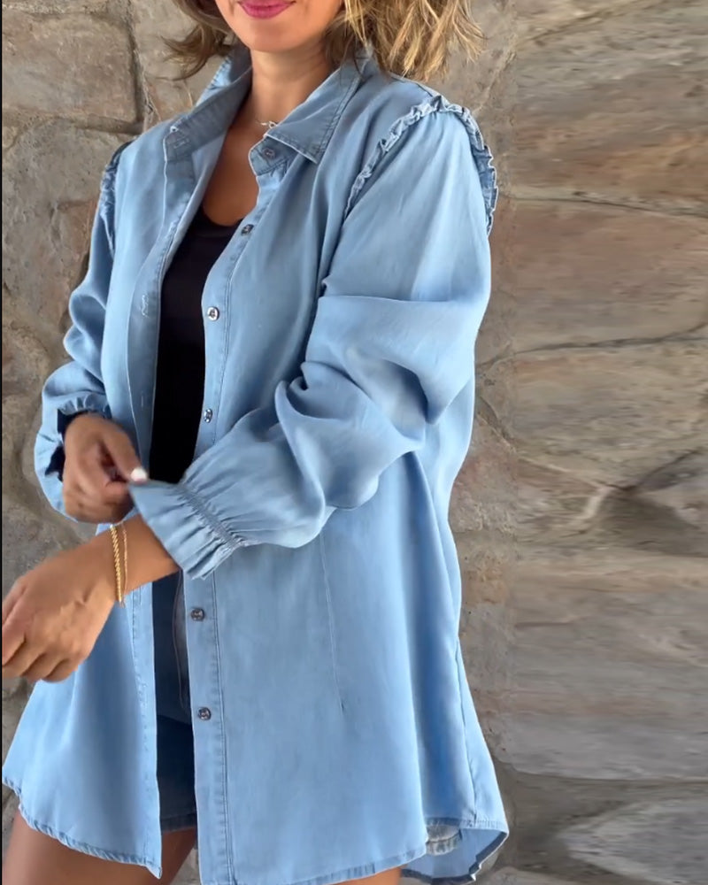 Shopnory | Lässige Lange Denim Hemd Baumwolle Komfortabel und Entspannt