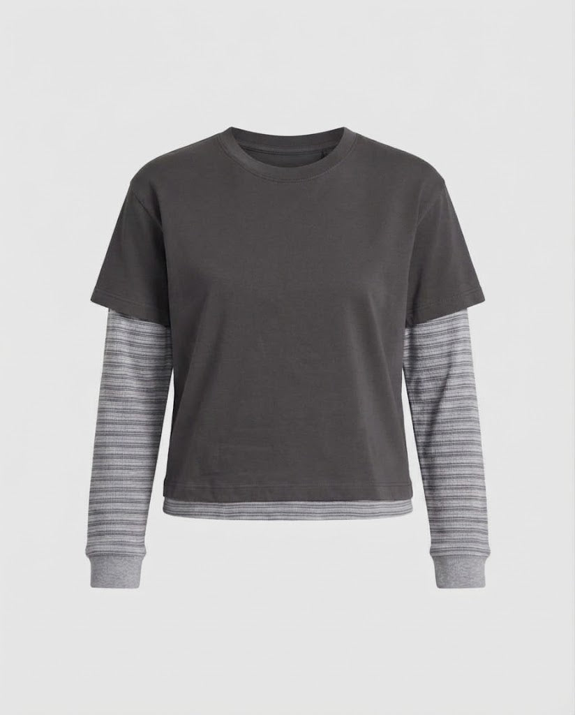 Damen Lagenlook Langarmshirt mit integriertem Kurzarm-Overlay und Streifenärmeln Shop Nory