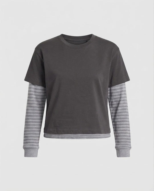 Damen Lagenlook Langarmshirt mit integriertem Kurzarm-Overlay und Streifenärmeln Shop Nory