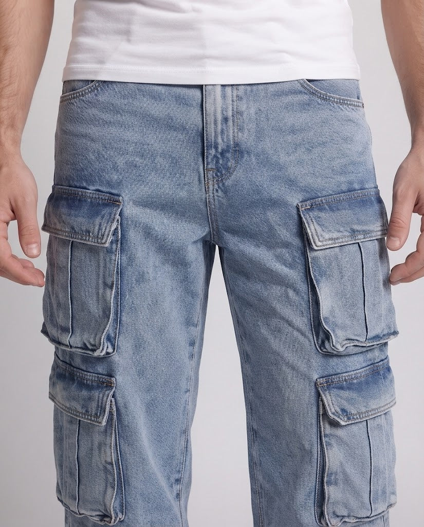 Herren weite Cargo-Denim-Palazzo-Hose mit mehrfachen aufgesetzten Klappentaschen Shop Nory