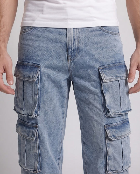 Herren weite Cargo-Denim-Palazzo-Hose mit mehrfachen aufgesetzten Klappentaschen Shop Nory