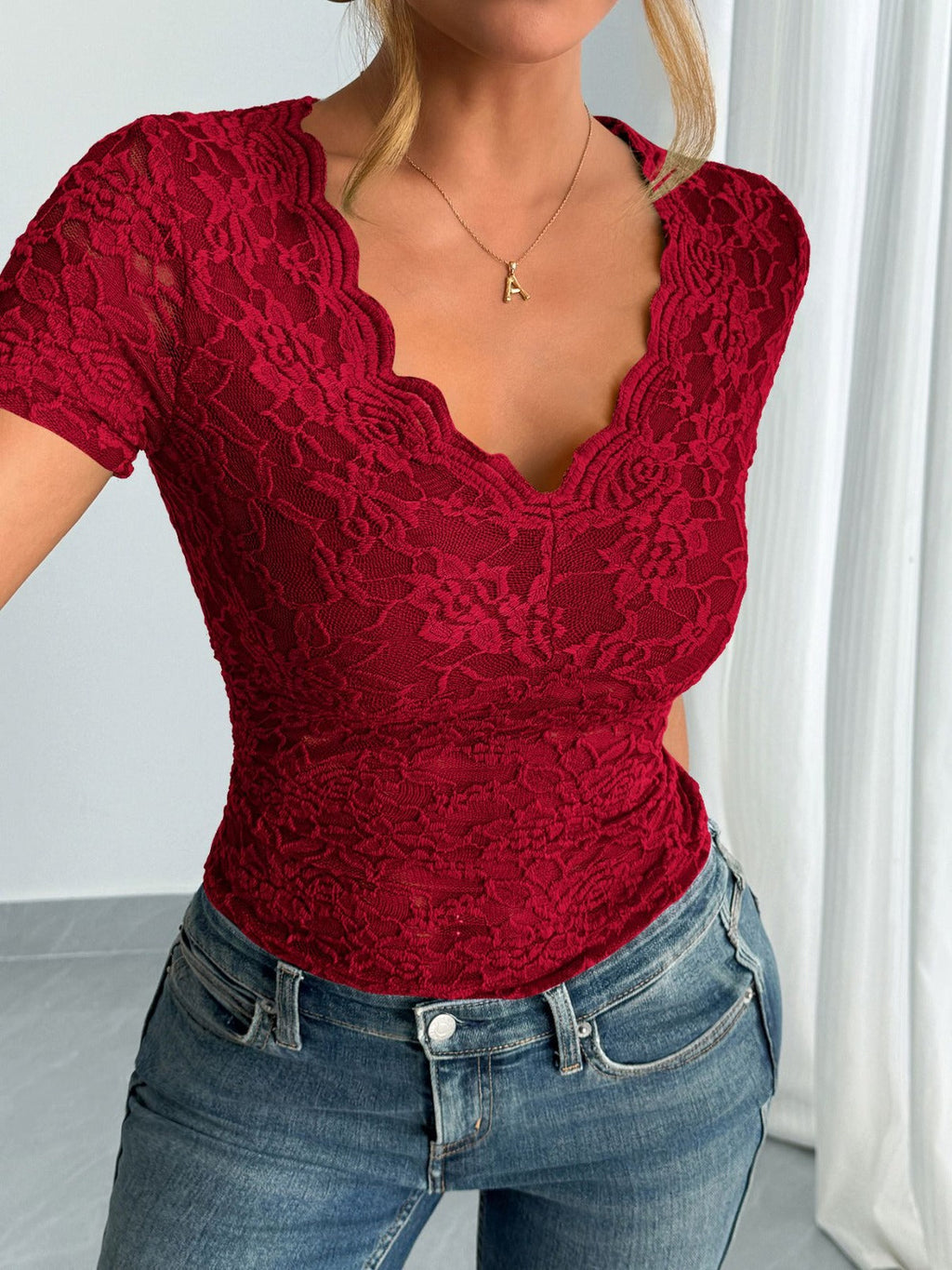 Damen Einfarbig Sexy Spitze V-Ausschnitt Kurzarm