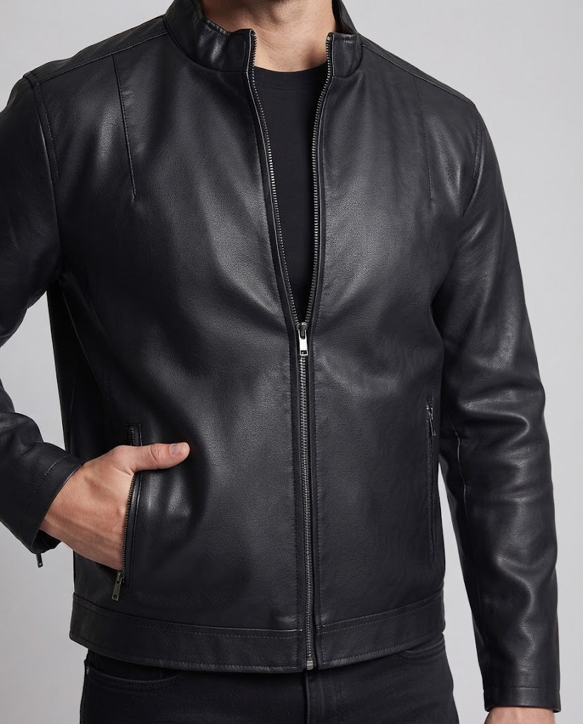 Herren schmal geschnittene Biker‑Blousonjacke in Lederoptik mit hochschließendem Kragen und thermoisolierter Innenlage Shop Nory