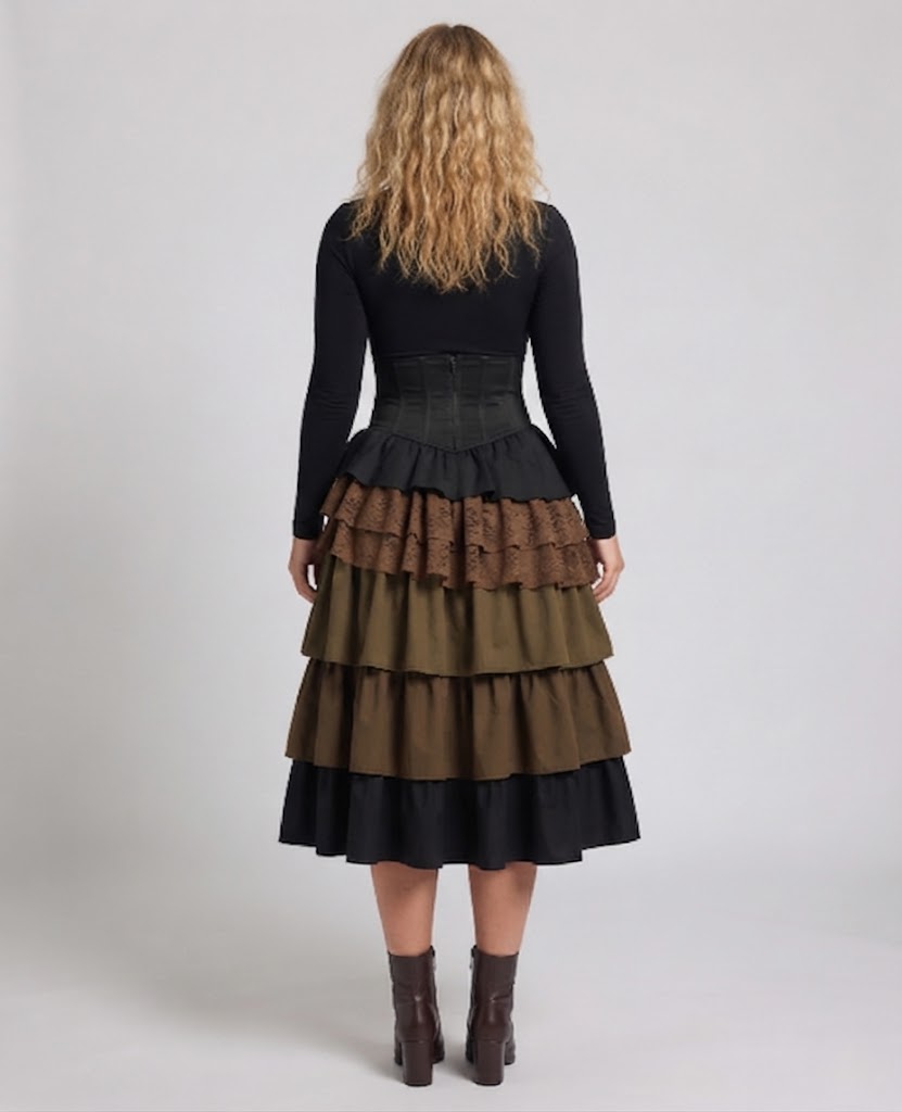 Damen Eleganter gestufter Rock mit aufwendigen Rüschen und dekorativen Knöpfen Shop Nory