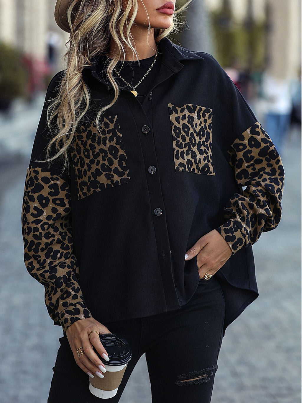 Leopard Print Knopf-abgesetzte Schulterjacke