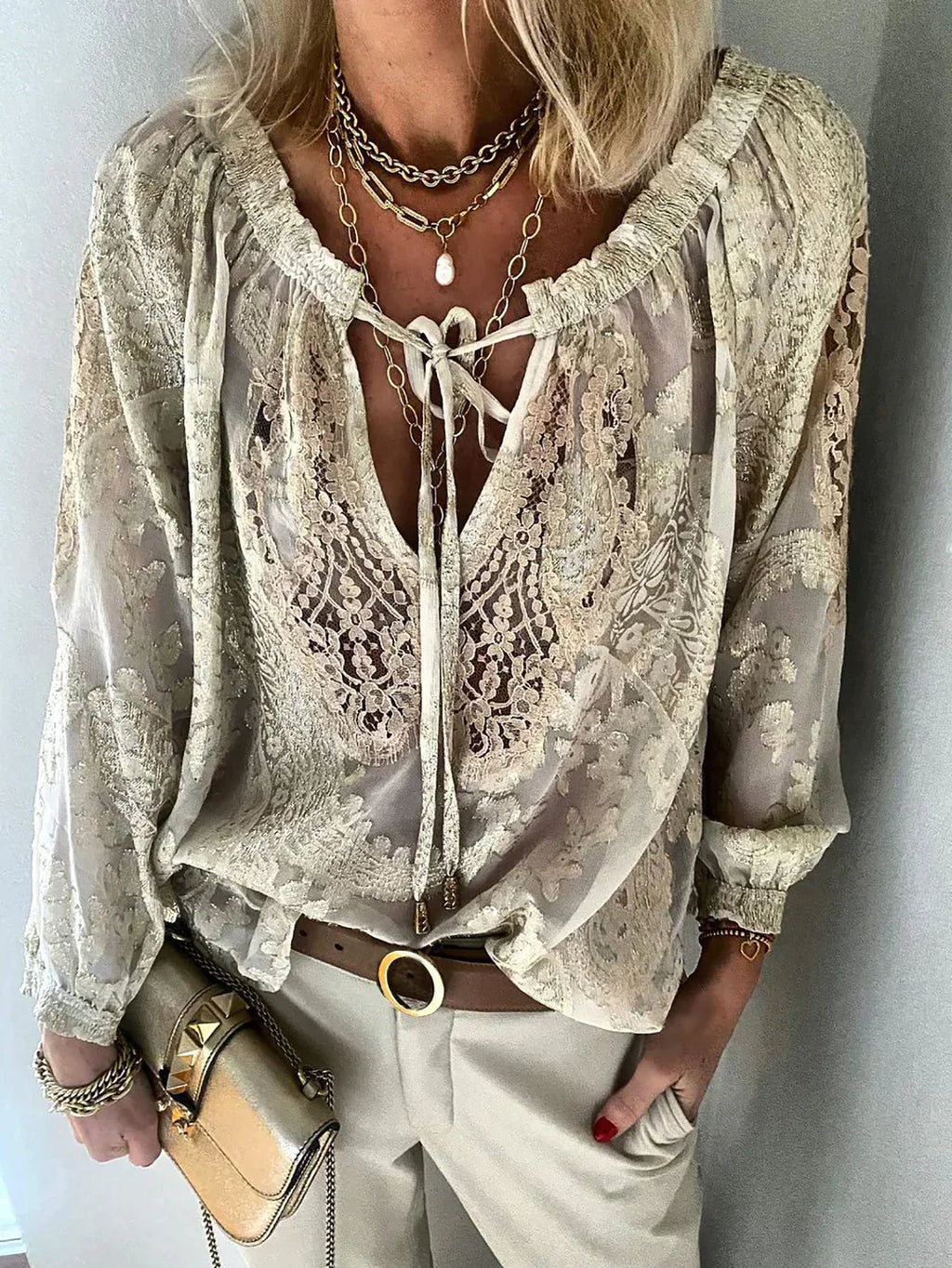 V-Ausschnitt Spitzen Chiffon Bluse
