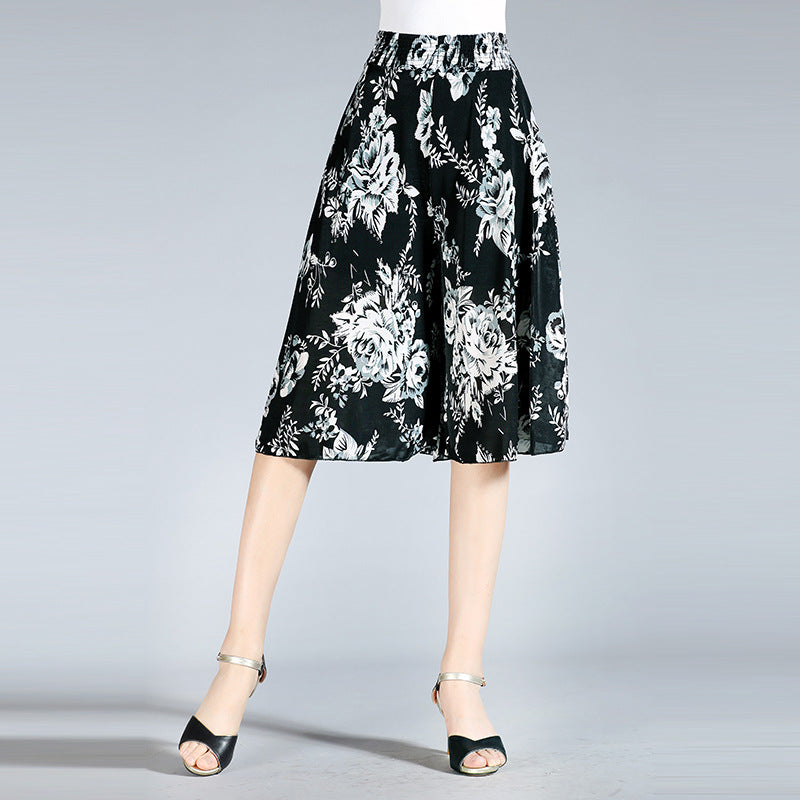 Damen Chiffon Culottes mit Breiten Beinen und Hoher Elastischer Taille