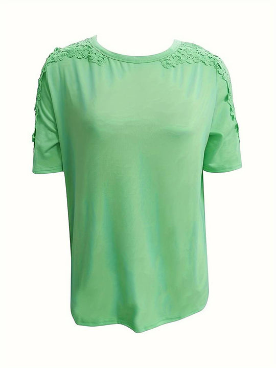 Unifarbenes Rundhals-T-Shirt Mit Spitze Naht