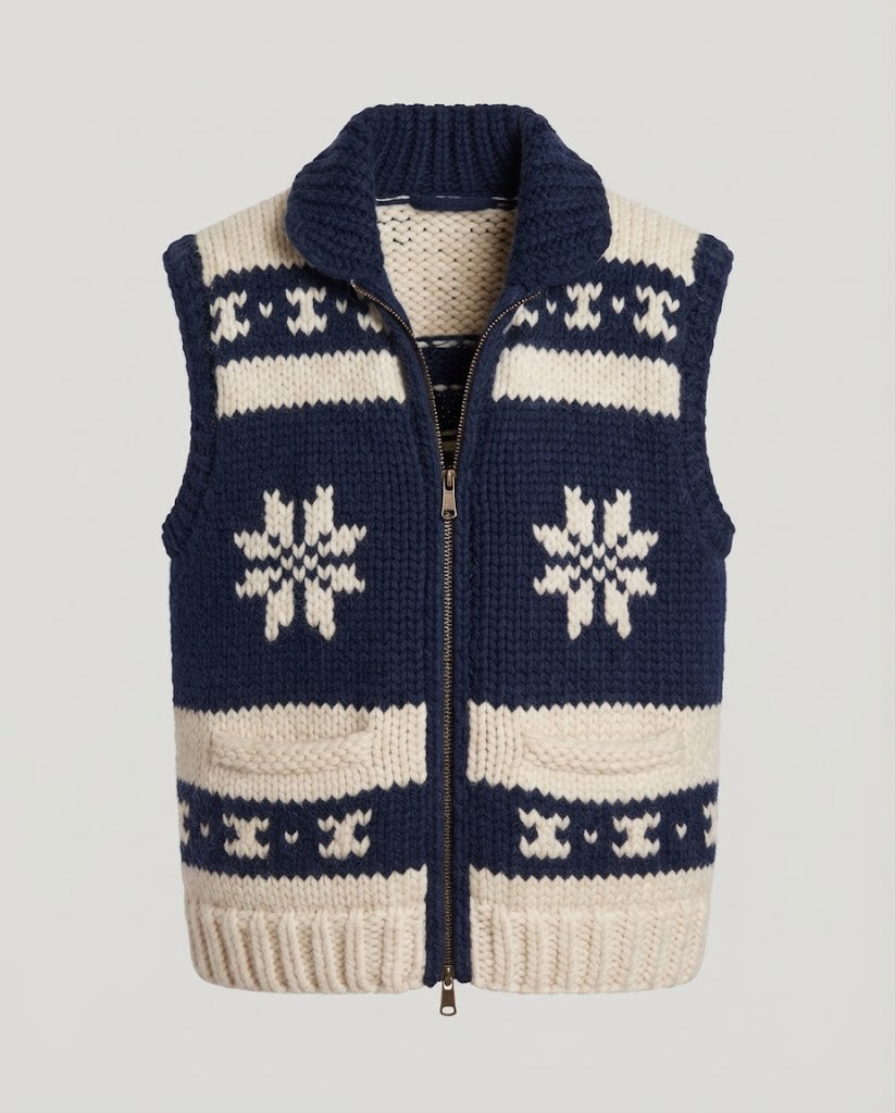 Damen Grobgestrickte Norwegerweste mit Stehkragen und aufgesetzten Taschen Shop Nory