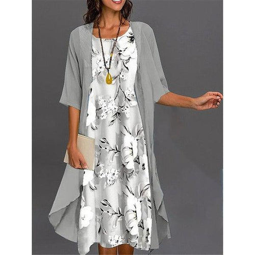 Graues Bedrucktes Midikleid mit Oberbekleidung