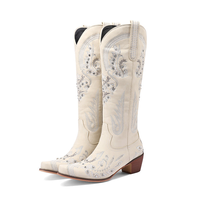 Bestickte Western Denim Retro Damen Knielange Stiefel