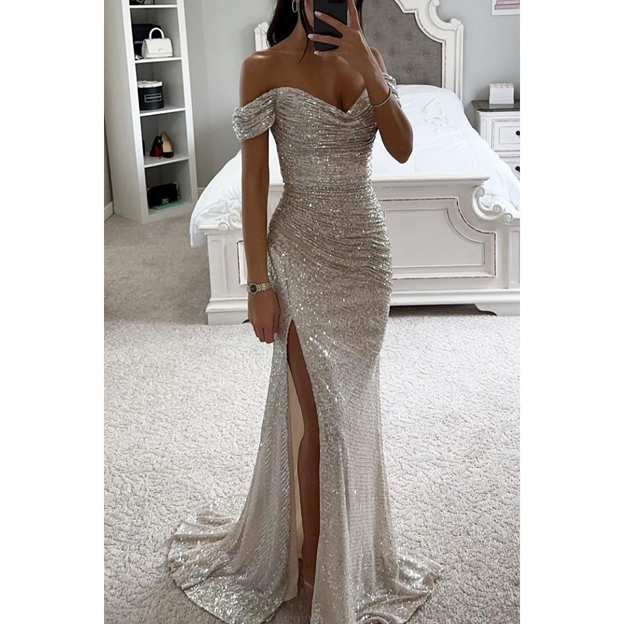 Glitzerndes Damen Abendkleid Schulterfreies Maxikleid mit Schlitz für Hochzeit & Fest | ShopNory