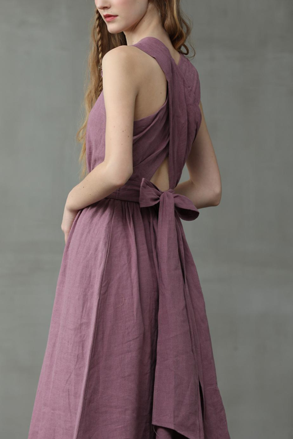 Cross Back O-Hals Maxikleid Leinen