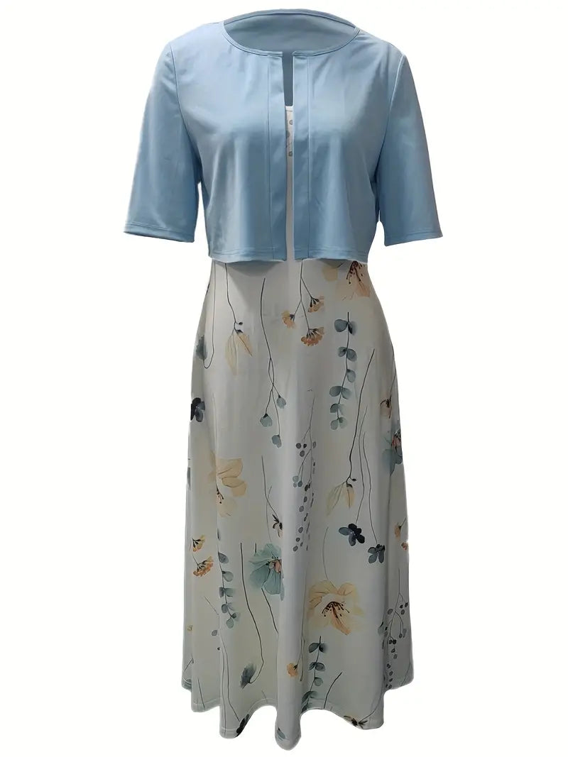 Shopnory | Elegante Zweiteilige Blumenkleid-Set mit Einfarbigem Crop-Top und Rundhalskleid