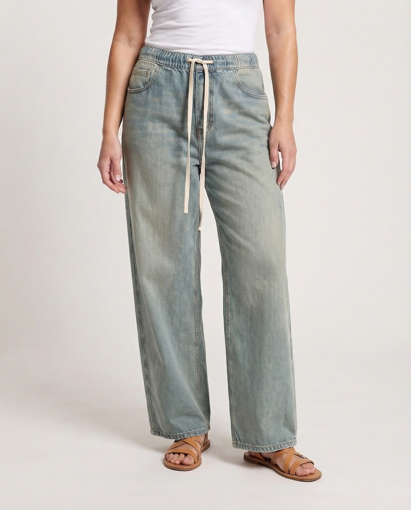 Damen Extraweite Denim-Hose mit lässigem Tunnelzugbund und gerolltem Saum Shop Nory