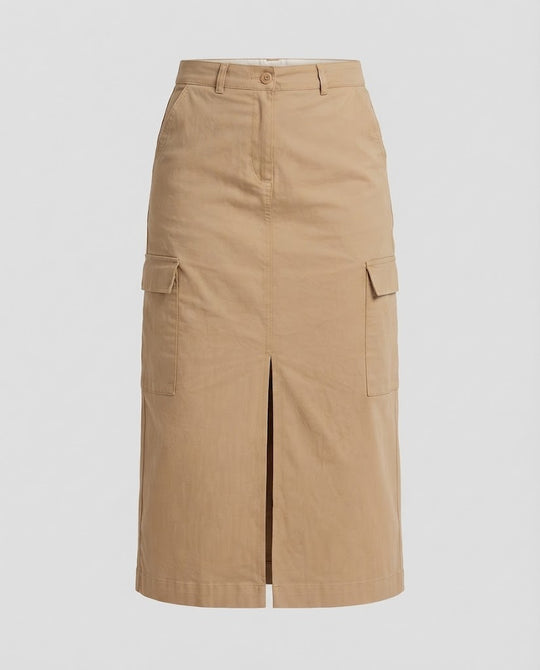 Damen Hochtaillierter Cargo‑Midirock mit Frontschlitz und Aufgesetzten Taschen Shop Nory