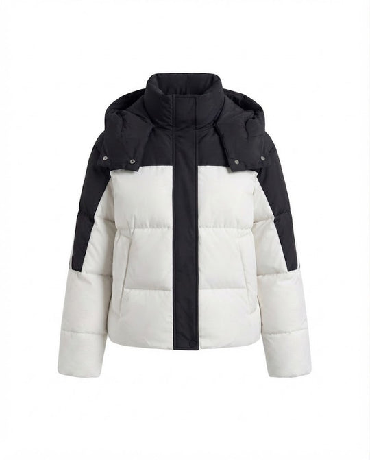 Damen kurze zweifarbige gesteppte Kurzjacke mit abnehmbarem Kragenbesatz und sportlichen Ärmelstreifen