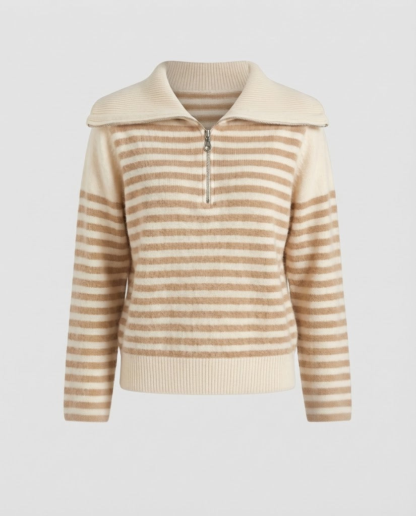 Damen Gestreifter Kurzpullover aus flauschigem Mohair‑Look mit halbem Reißverschluss und überlappendem Kragen Shop Nory