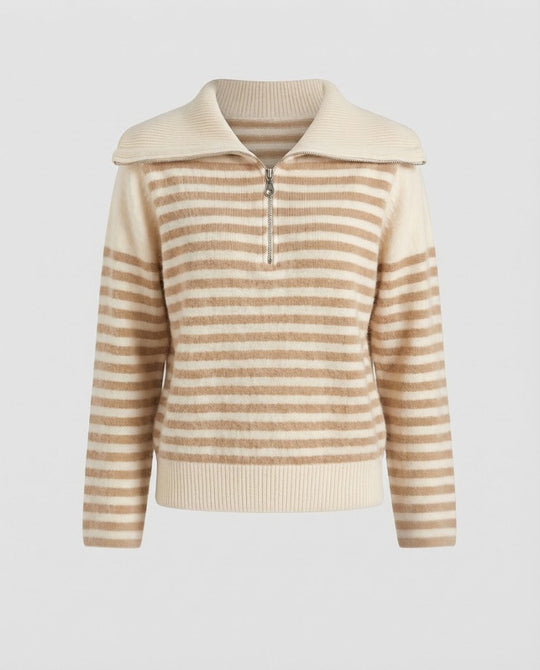 Damen Gestreifter Kurzpullover aus flauschigem Mohair‑Look mit halbem Reißverschluss und überlappendem Kragen Shop Nory