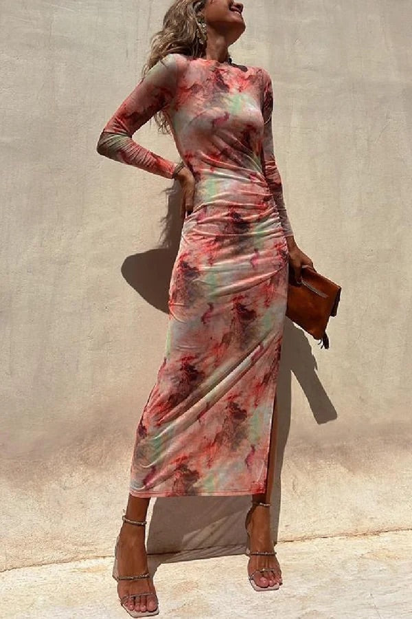 Charm Lady Mesh Overlay Tie Dye Print Langarm Rüsch Stretch Midi Kleid