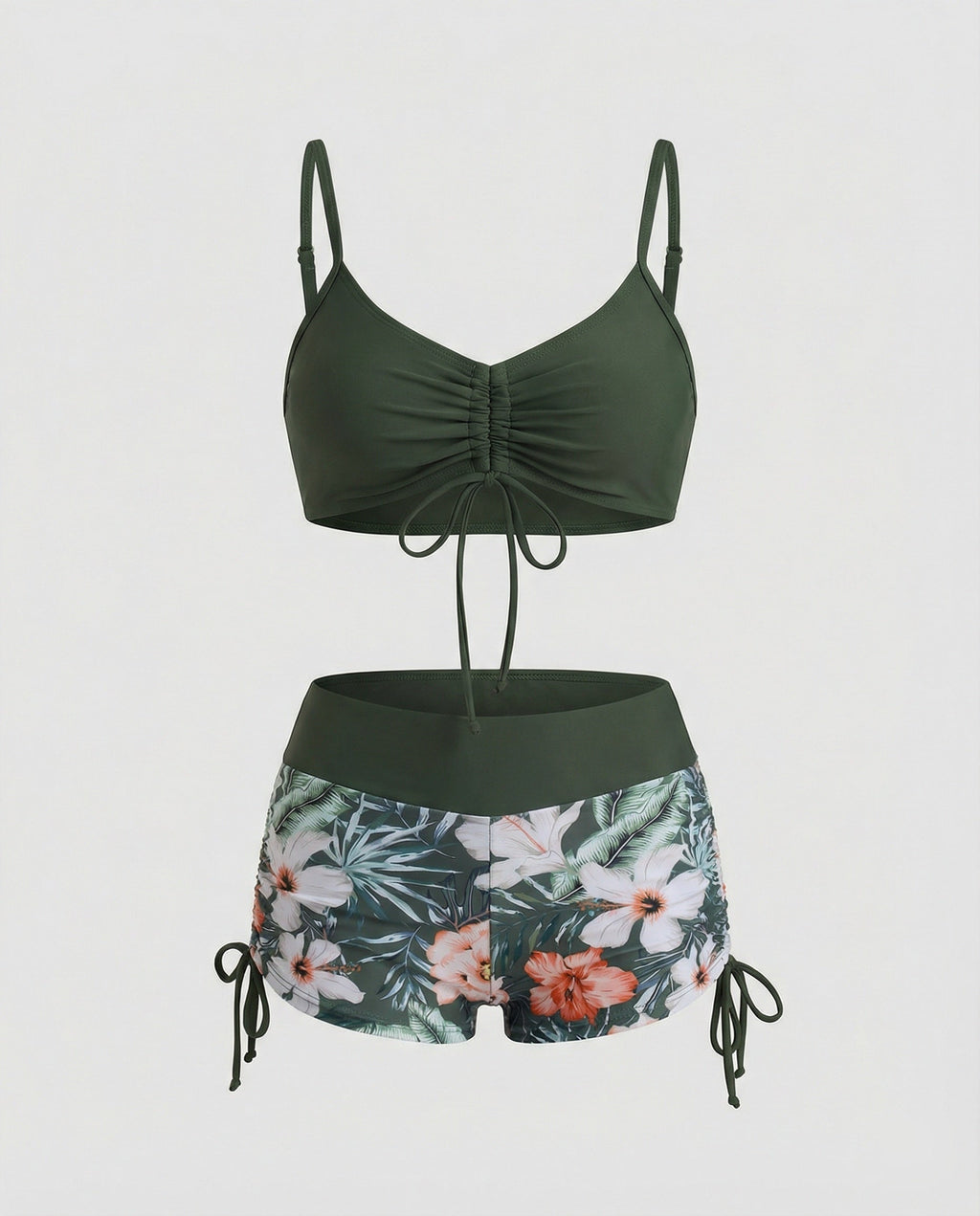 2 Teiliges Bikini mit Grünem Blumenmuster und Hoher Taille