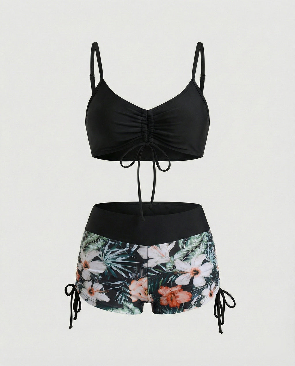 2 Teiliges Bikini mit Grünem Blumenmuster und Hoher Taille