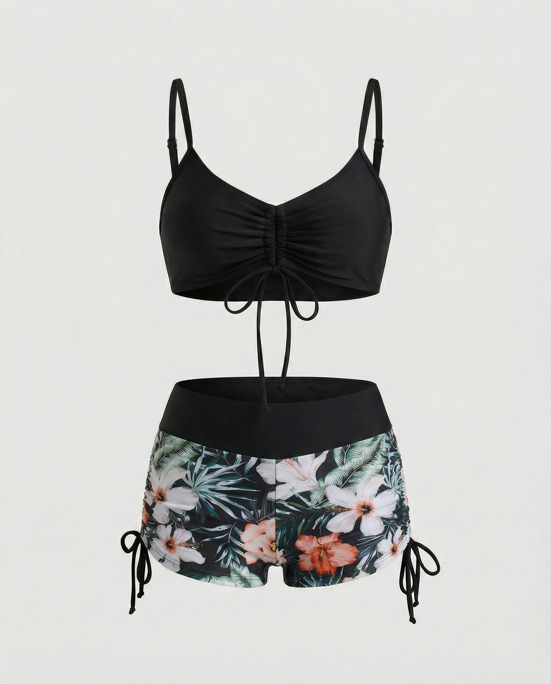 2 Teiliges Bikini mit Grünem Blumenmuster und Hoher Taille