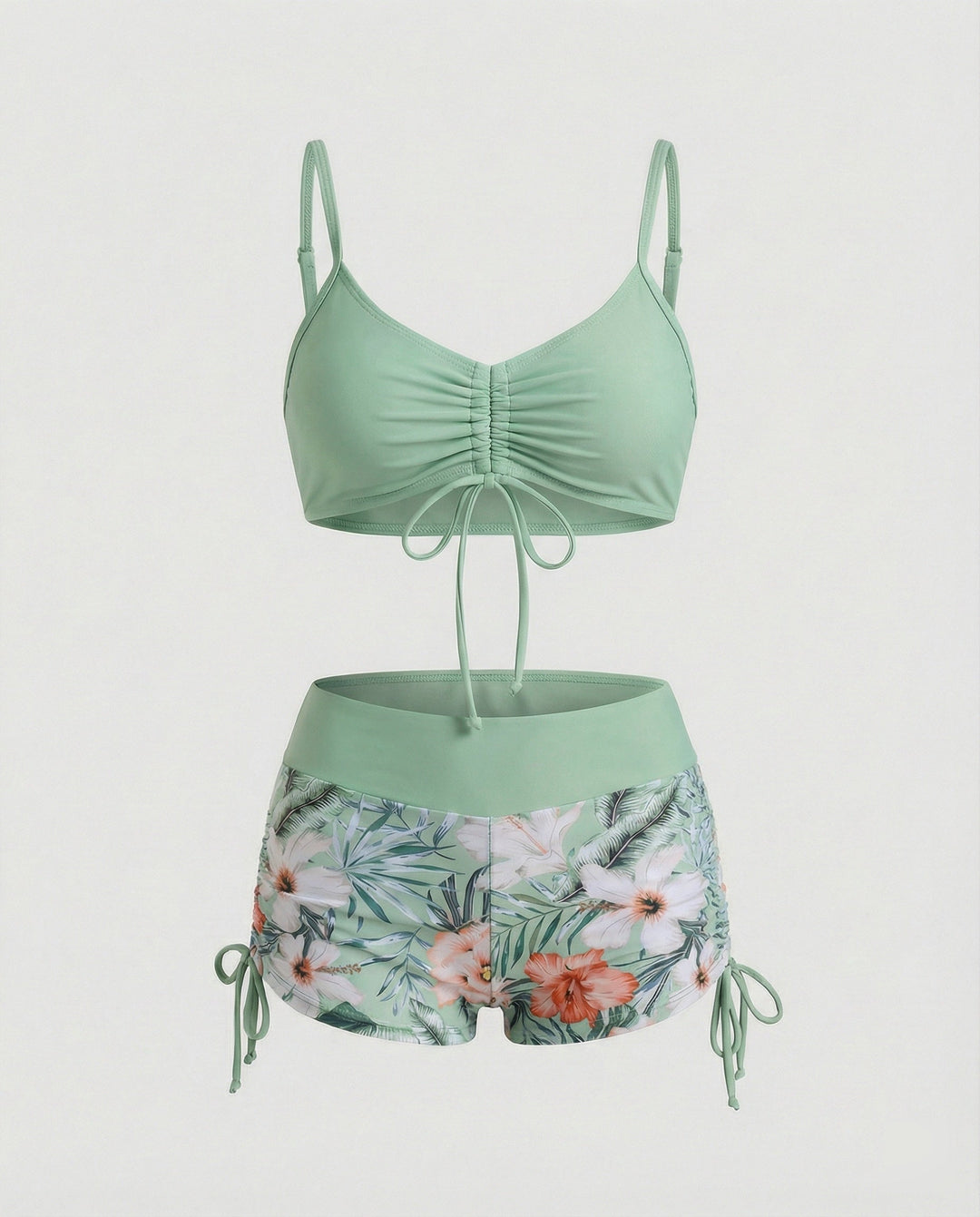 2 Teiliges Bikini mit Grünem Blumenmuster und Hoher Taille