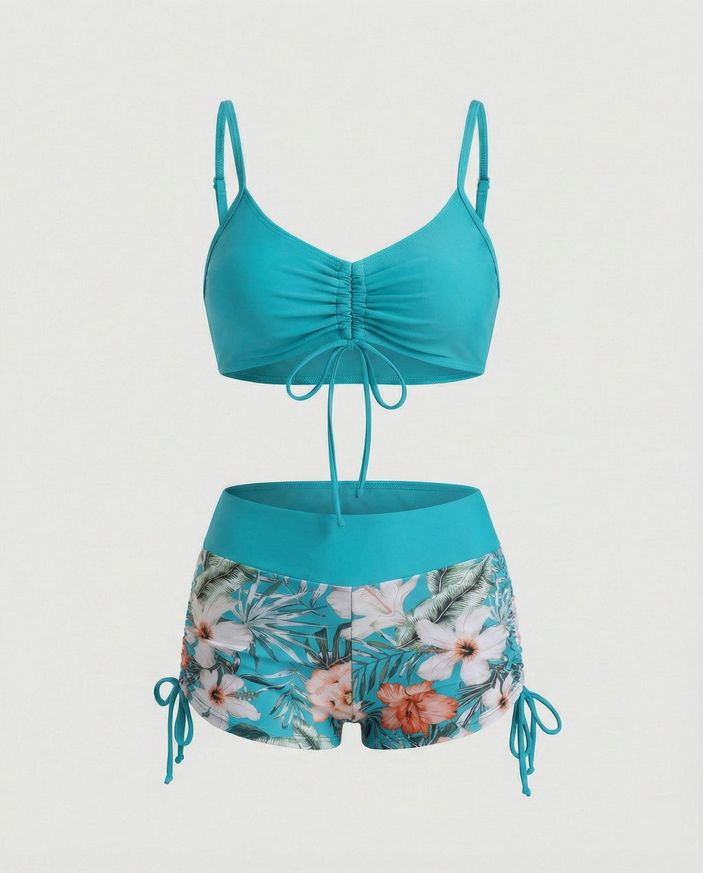 2 Teiliges Bikini mit Grünem Blumenmuster und Hoher Taille