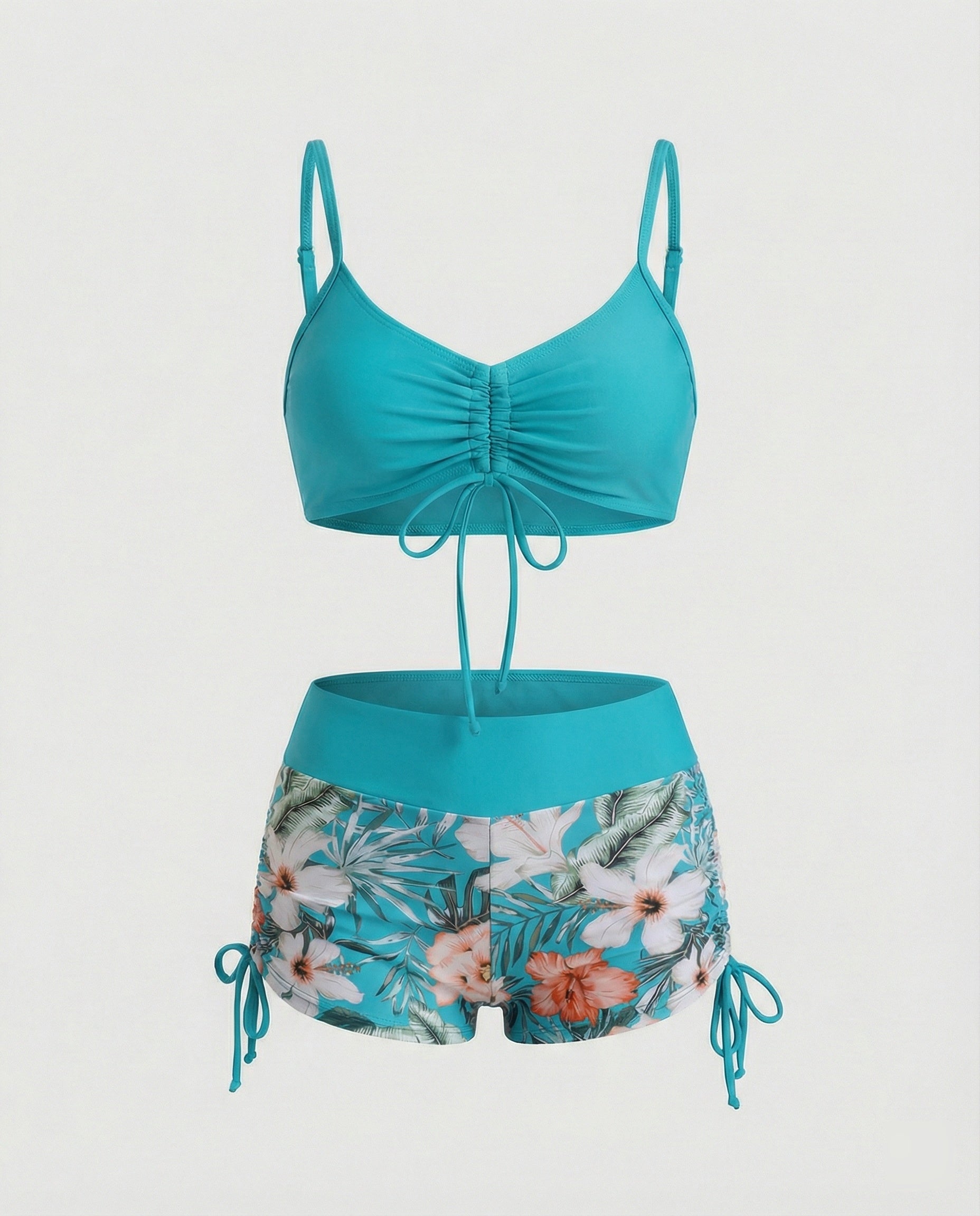 2 Teiliges Bikini mit Grünem Blumenmuster und Hoher Taille