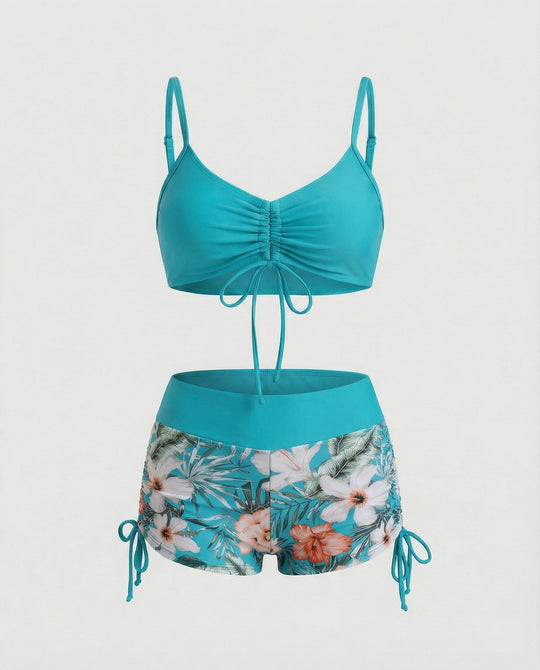 2 Teiliges Bikini mit Grünem Blumenmuster und Hoher Taille
