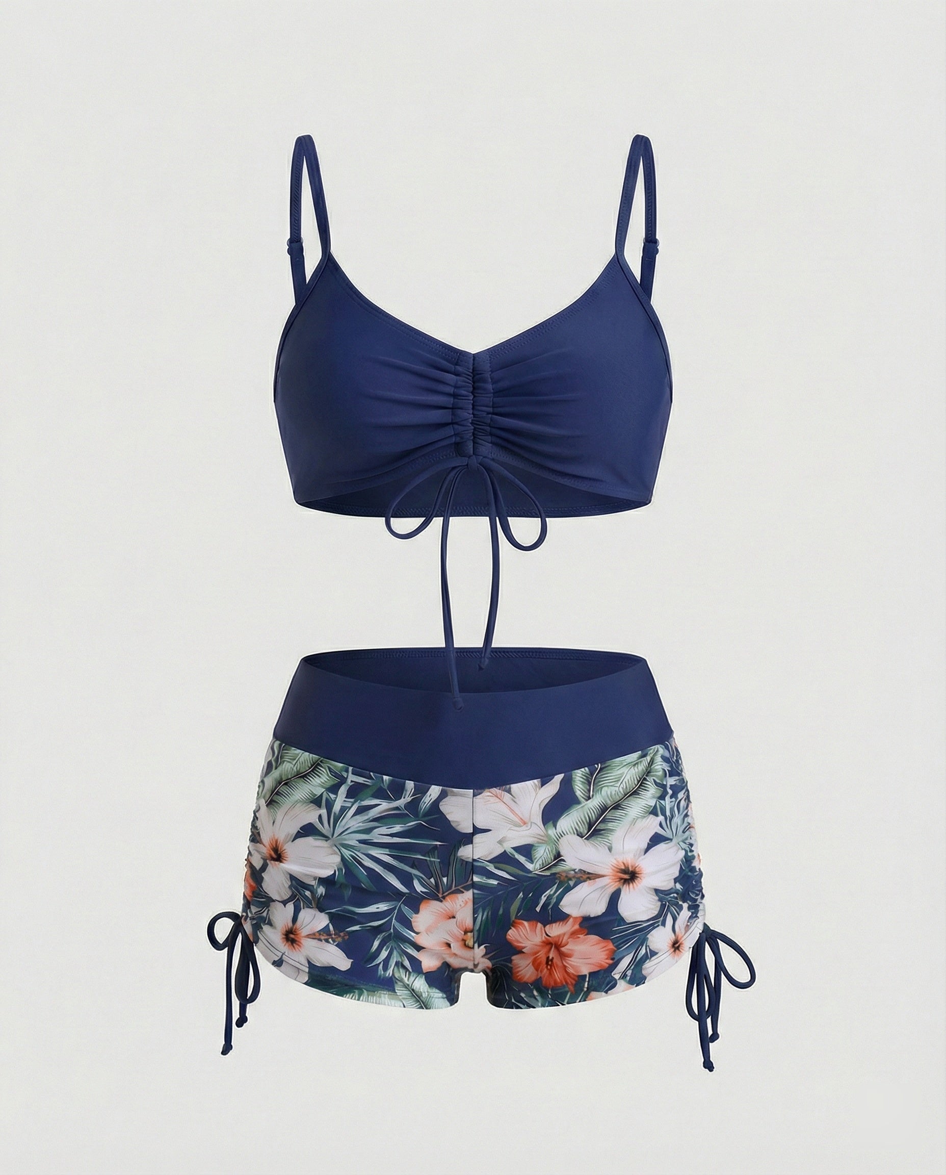 2 Teiliges Bikini mit Grünem Blumenmuster und Hoher Taille