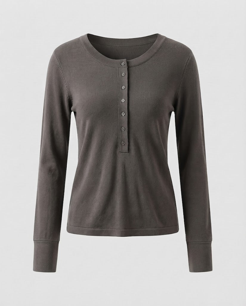 Damen Feines Langarm-Henley aus Feinstrick mit knöpfbarer Mittelblende und schmaler Passform Shop Nory
