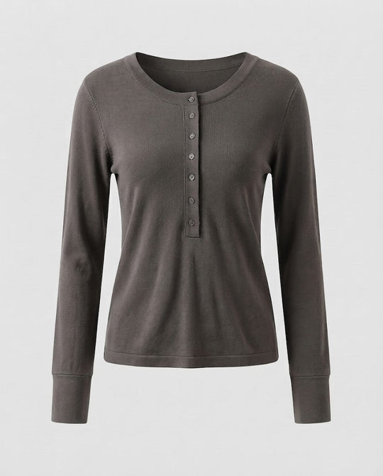 Damen Feines Langarm-Henley aus Feinstrick mit knöpfbarer Mittelblende und schmaler Passform Shop Nory