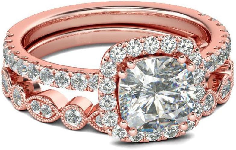 Damen Rose Gold 2-in-1 Kristall Verlobungsband Mode Ring Sets | Shop Nory