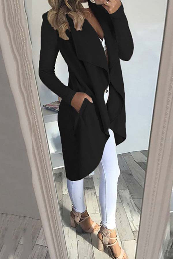 Einfarbiger Revers Slim Lange Windbreaker Jacke