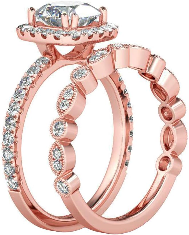 Damen Rose Gold 2-in-1 Kristall Verlobungsband Mode Ring Sets | Shop Nory