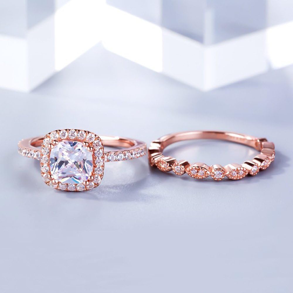 Damen Rose Gold 2-in-1 Kristall Verlobungsband Mode Ring Sets | Shop Nory