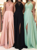 Fashion Spitze, seitlich geteilt, Neckholder, Rundhalsausschnitt, ärmellos, Damen, Strandkleid, Spitzenkleid, Abendkleid, Maxikleider