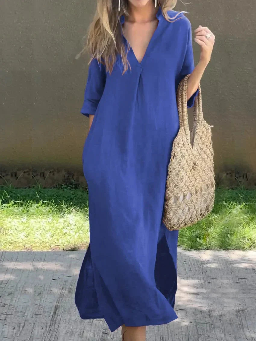 Einfarbiges Damen-kleid mit V-Ausschnitt, Tasche und V-Ausschnitt