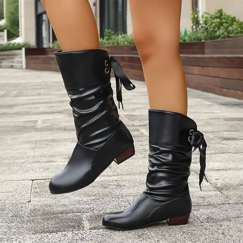 Damenmode Schnürung Chunky Heel Stiefel Bis Zur Wade