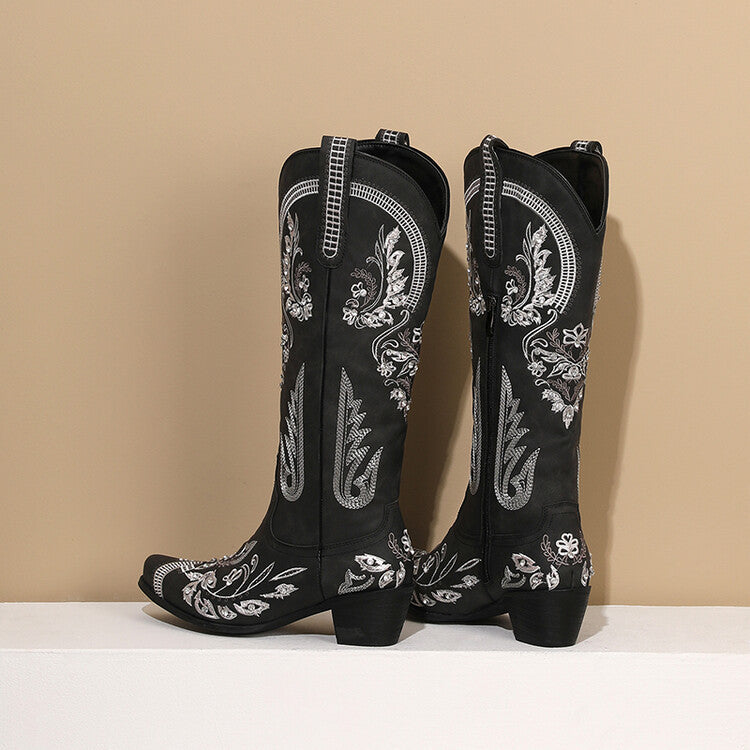 Bestickte Western Denim Retro Damen Knielange Stiefel