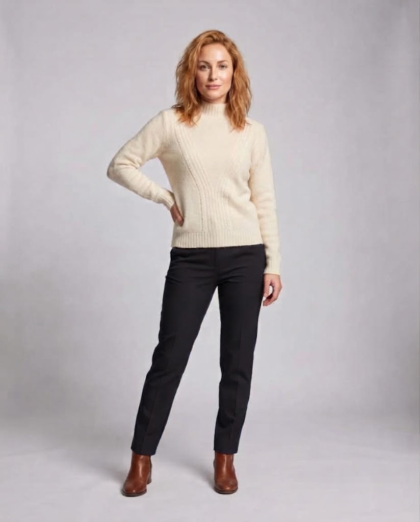 Damen Flauschiger Mockneck Pullover mit Kabelmuster und Offenes Panel Shop Nory