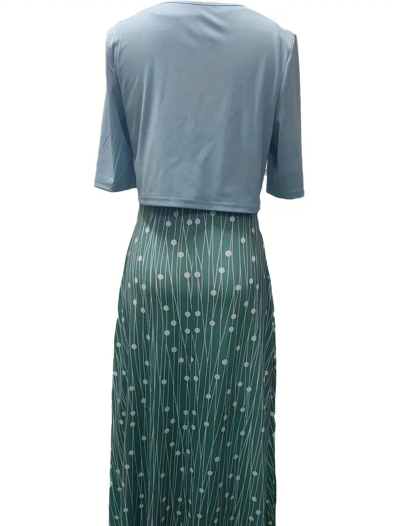 Shopnory | Elegante Zweiteilige Blumenkleid-Set mit Einfarbigem Crop-Top und Rundhalskleid
