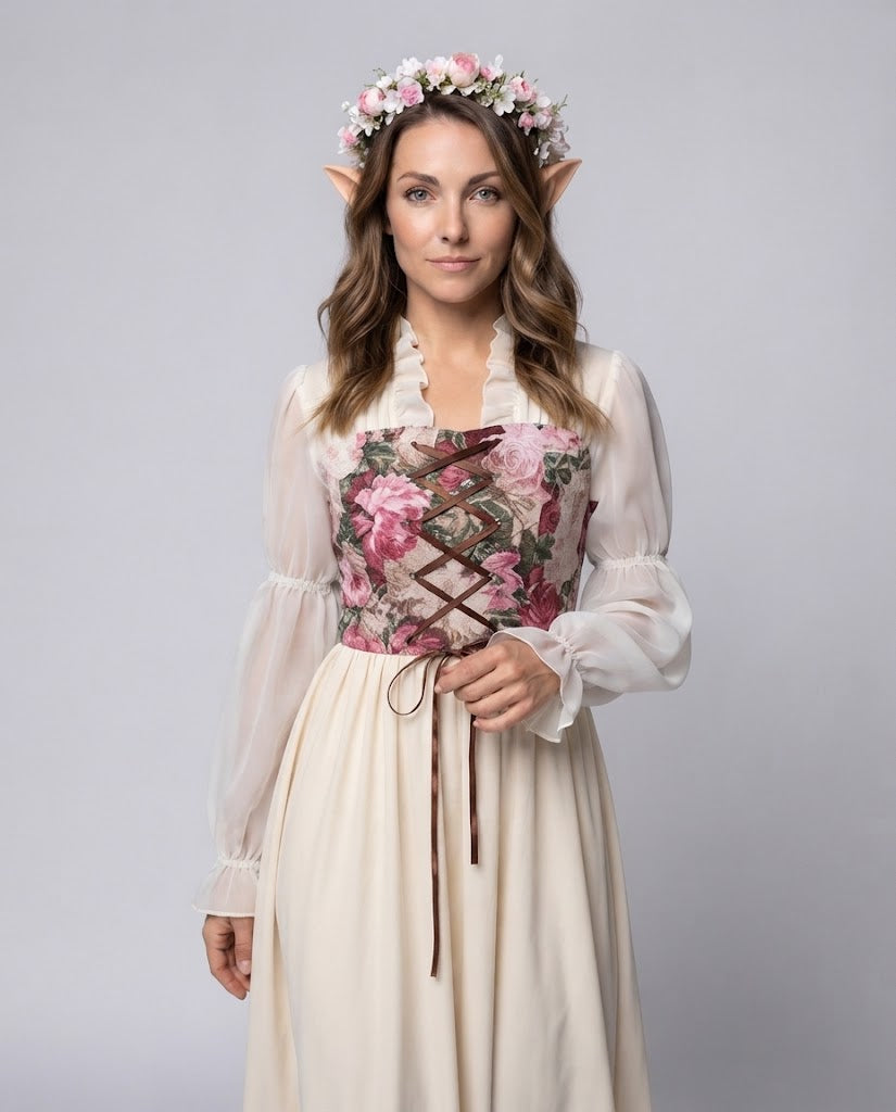 Damen romantisches Maxikleid mit floralem Design und transparenten Puffärmeln Shop Nory