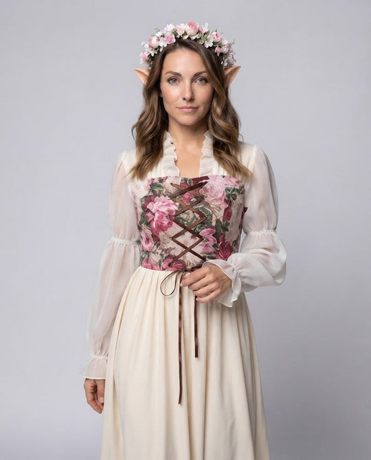 Damen romantisches Maxikleid mit floralem Design und transparenten Puffärmeln Shop Nory