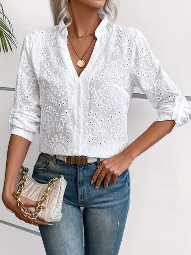 Elegante Bluse mit Langen Ärmeln, Geschlossen mit Bestickten Knöpfen