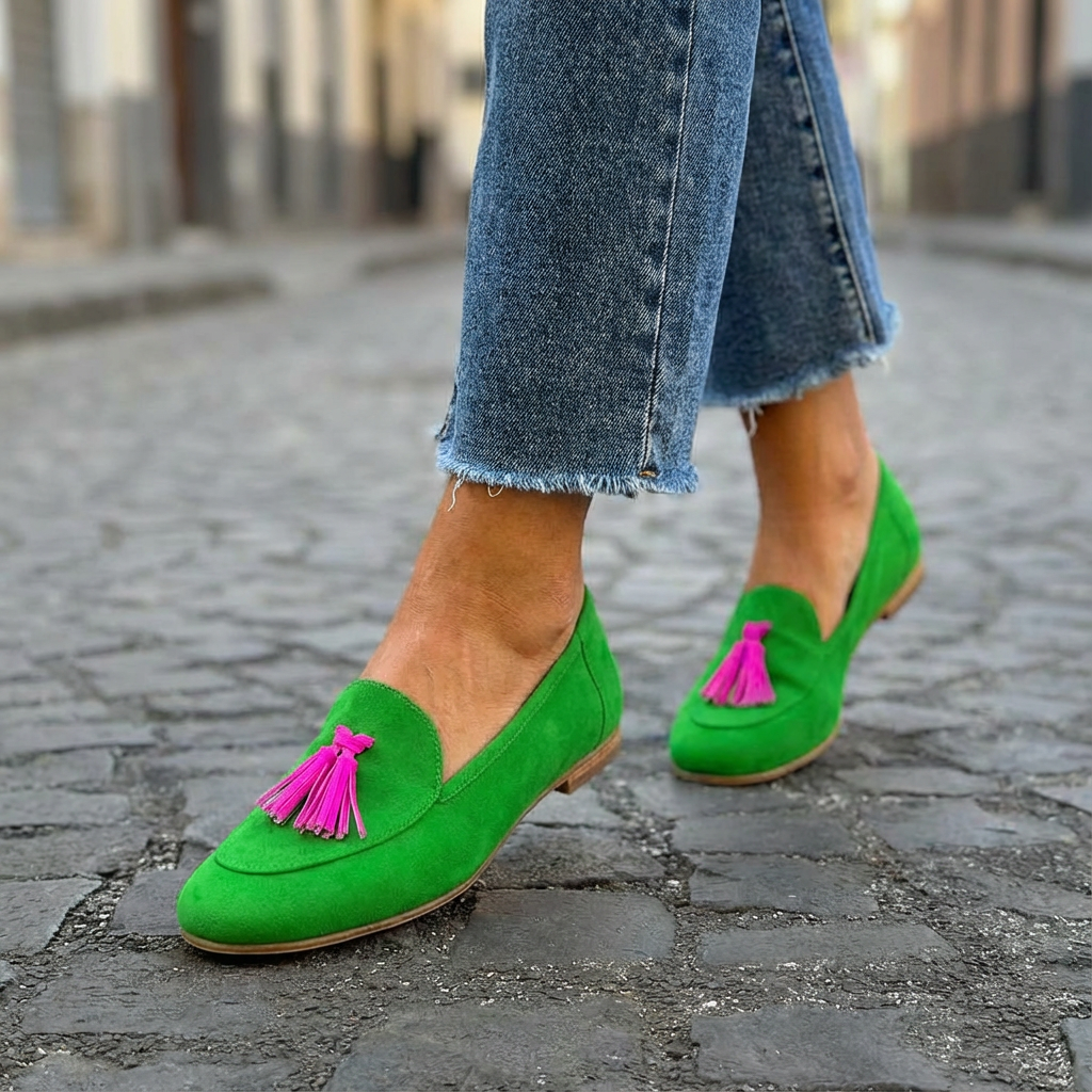Grüne Loafer mit Pinker Fransenapplikation